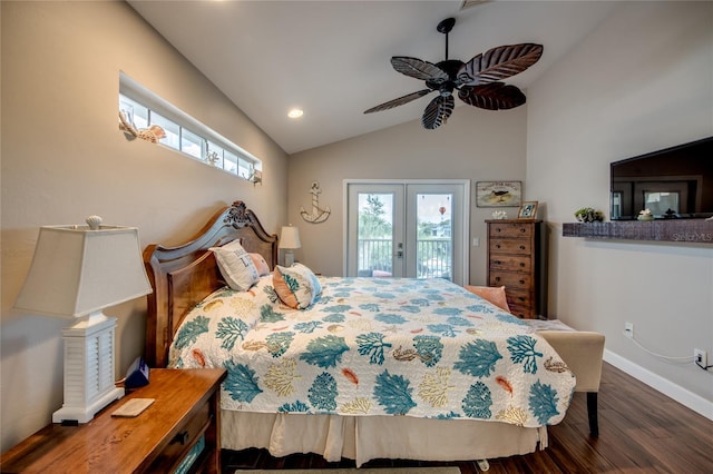 bedroom featuring multiple windows, access to outside, french doors, and vaulted ceiling