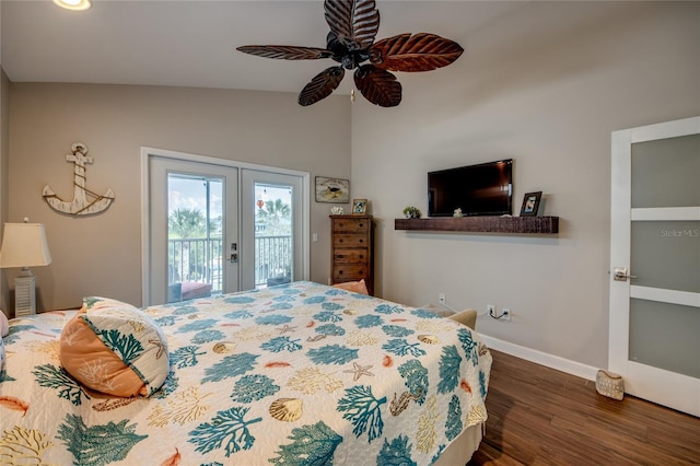 bedroom featuring french doors, ceiling fan, access to exterior, and dark wood-type flooring