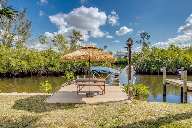 dock area featuring a water view and a lawn