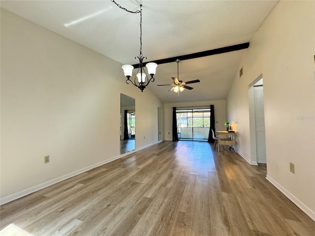 unfurnished living room with beam ceiling, high vaulted ceiling, a textured ceiling, ceiling fan with notable chandelier, and light wood-type flooring