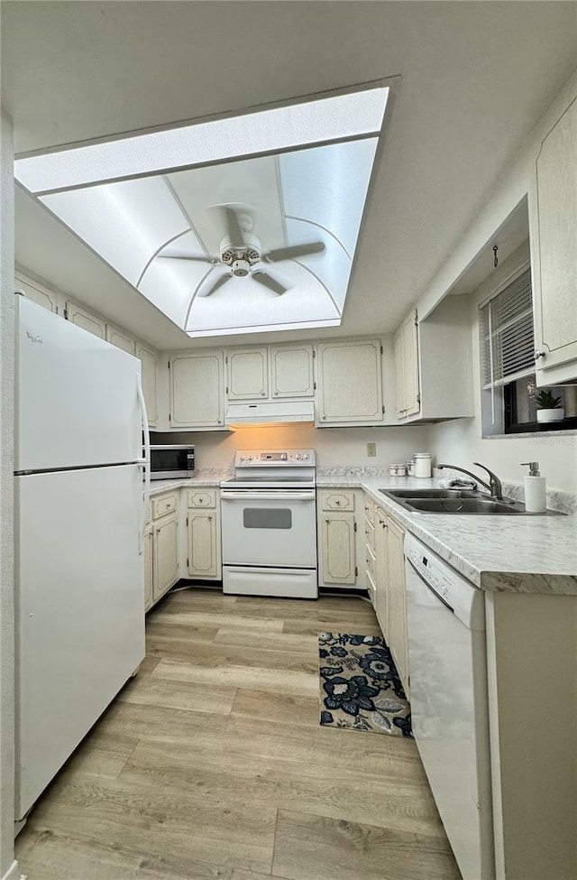 kitchen featuring ceiling fan, light wood-type flooring, sink, and white appliances