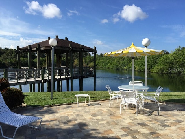 dock area featuring a water view and a patio