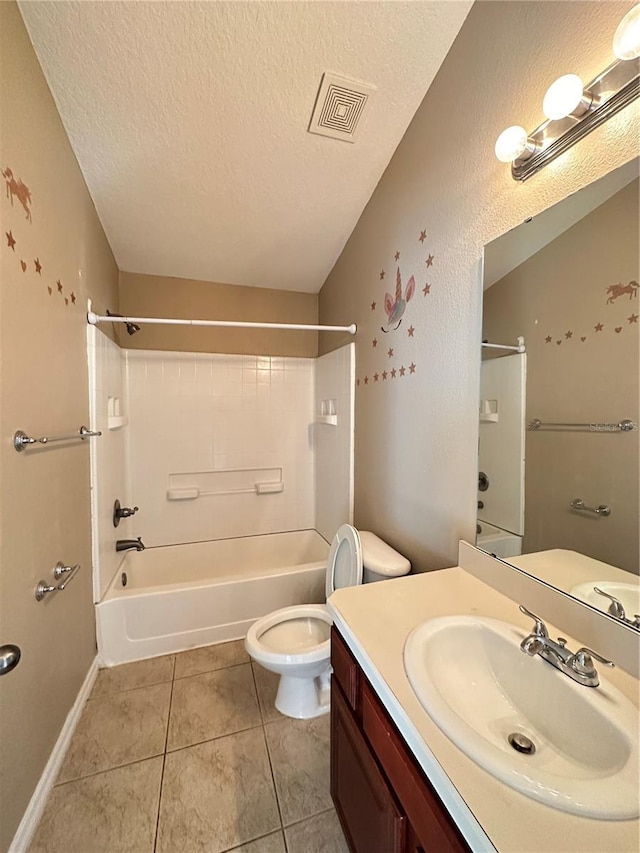 full bathroom with tile patterned floors, toilet, a textured ceiling, vanity, and shower / bath combination