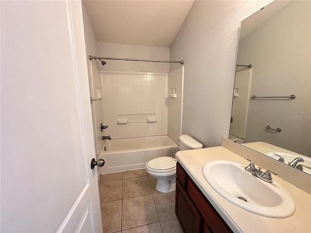bathroom with toilet,  shower combination, tile patterned floors, and vanity