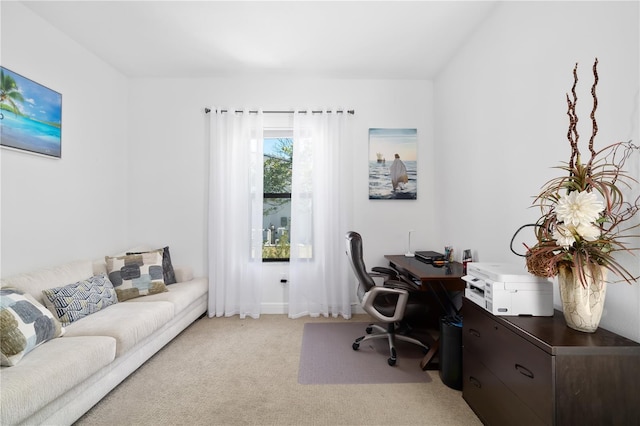 office area featuring light colored carpet