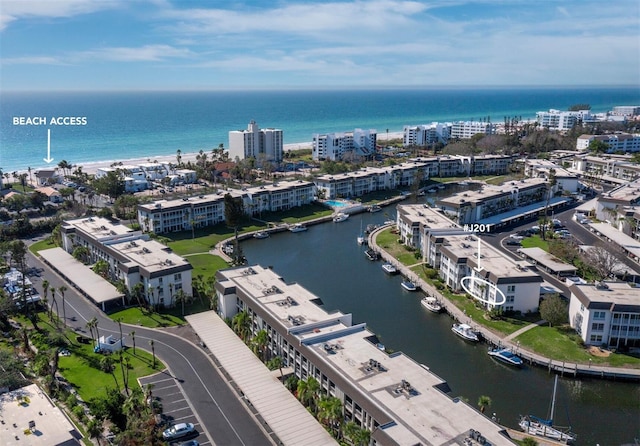 drone / aerial view featuring a water view