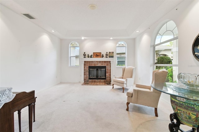 carpeted living room featuring a wealth of natural light, a tray ceiling, and a fireplace