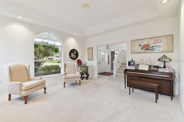 living area featuring a raised ceiling and light colored carpet