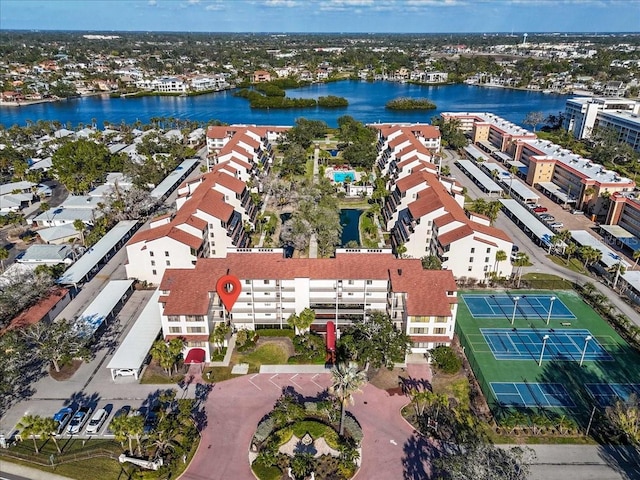 bird's eye view with a water view