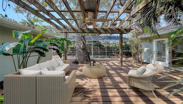 wooden deck featuring a pergola, outdoor lounge area, and glass enclosure