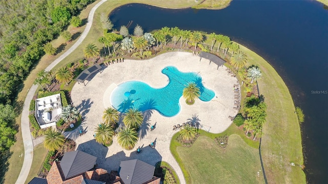 birds eye view of property featuring a water view