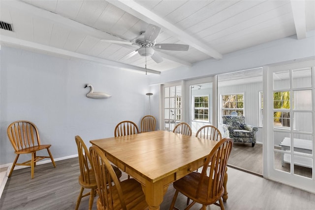 dining area with wood finished floors, beamed ceiling, and visible vents