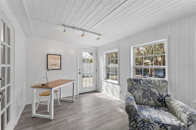sunroom featuring track lighting