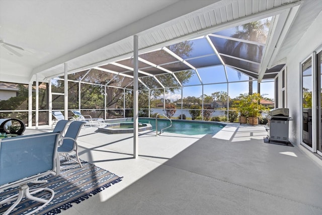 view of swimming pool featuring an in ground hot tub, a grill, glass enclosure, and a patio