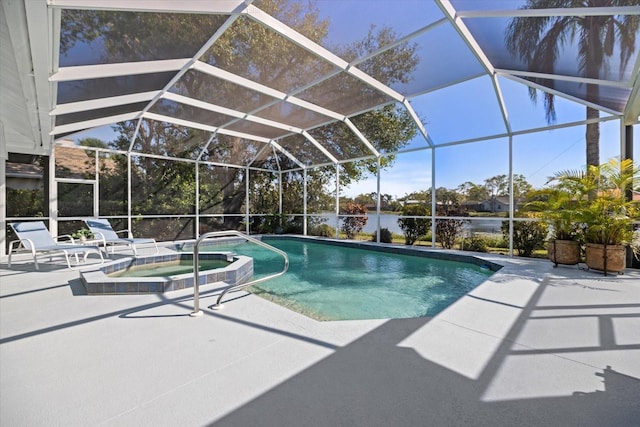 view of swimming pool with a lanai, a patio, and an in ground hot tub