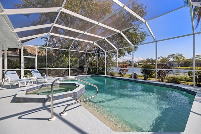 view of swimming pool featuring a water view, an in ground hot tub, a lanai, and a patio