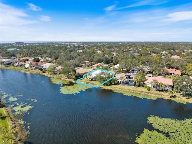 bird's eye view with a water view