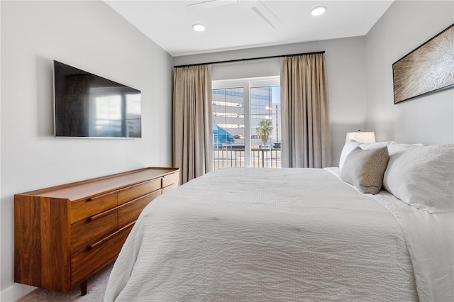 bedroom featuring access to exterior and ceiling fan