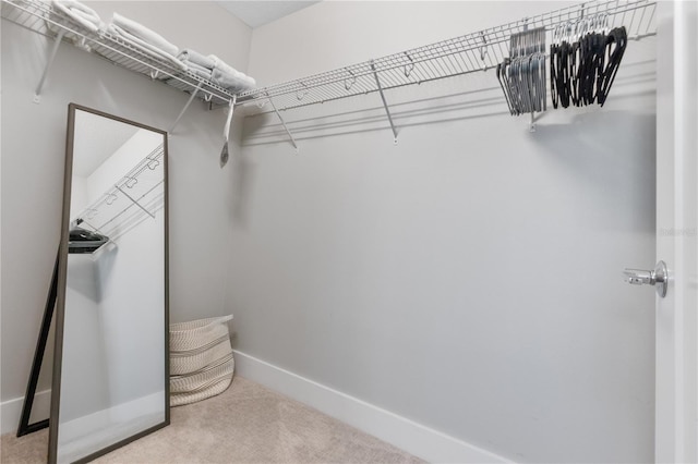 spacious closet featuring light carpet