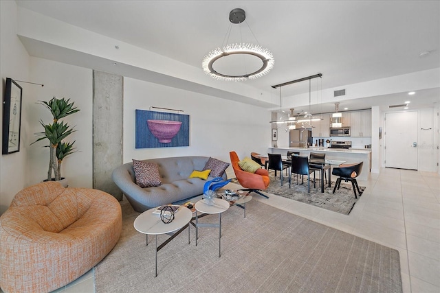 living room with light tile patterned flooring