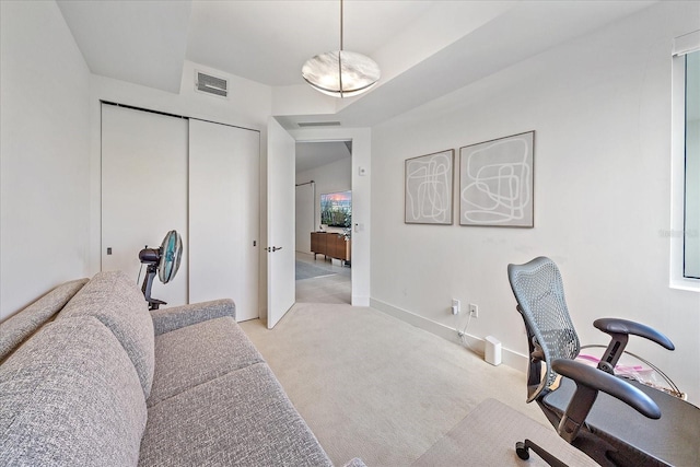 home office with light colored carpet