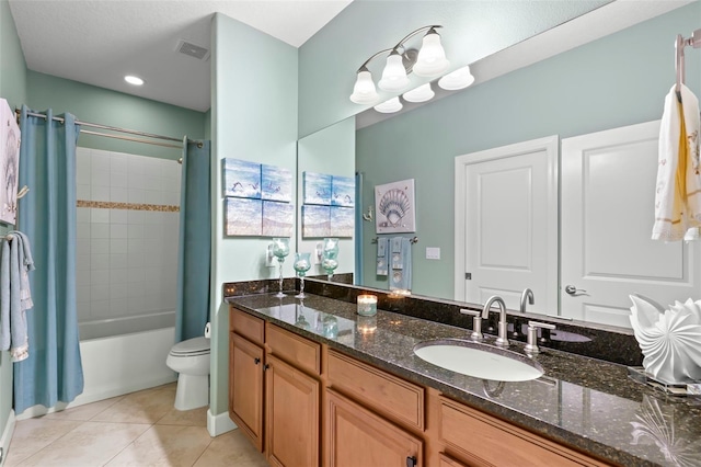 full bath with toilet, tile patterned floors, visible vents, vanity, and shower / tub combo with curtain