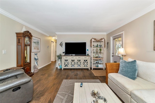 living room featuring crown molding and dark wood-type flooring