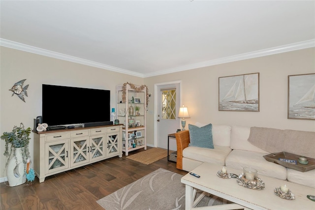 living room featuring dark hardwood / wood-style flooring and ornamental molding