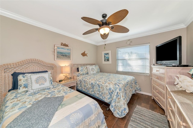 bedroom featuring dark hardwood / wood-style flooring, ornamental molding, and ceiling fan