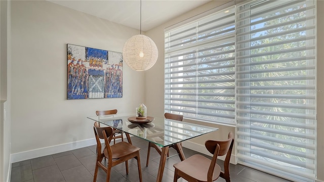 dining room with baseboards and dark tile patterned flooring