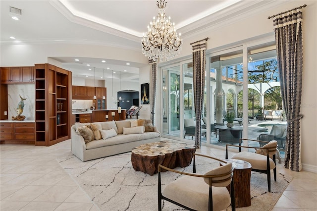 13315 Palmers Creek Ter, Lakewood Ranch, FL 34202 - living room with light tile patterned flooring, ornamental molding, and a tray ceiling