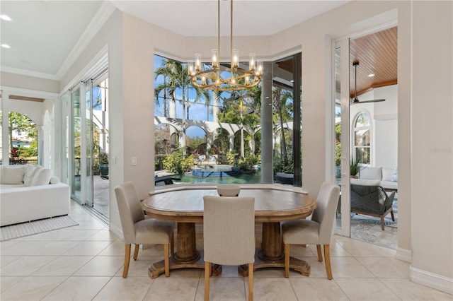 13315 Palmers Creek Ter, Lakewood Ranch, FL 34202 - tiled dining area with an inviting chandelier and ornamental molding