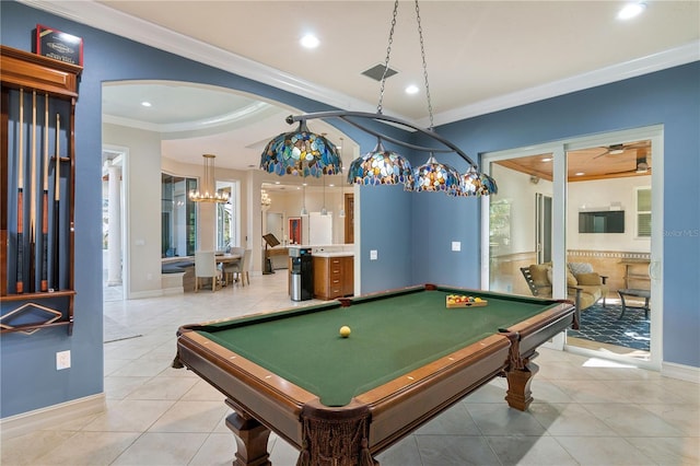 13315 Palmers Creek Ter, Lakewood Ranch, FL 34202 - game room with crown molding, pool table, and light tile patterned flooring