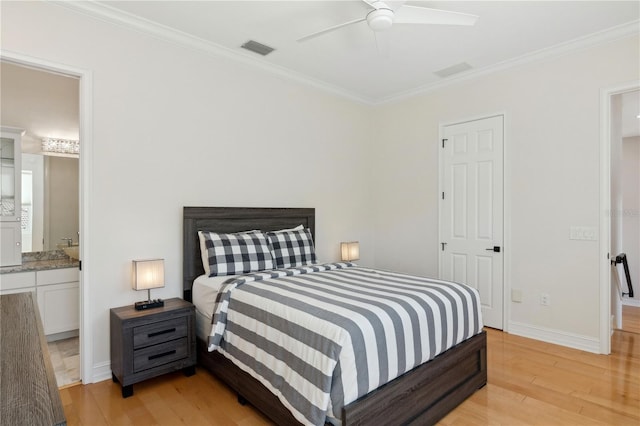 13315 Palmers Creek Ter, Lakewood Ranch, FL 34202 - bedroom with ornamental molding, ceiling fan, and light wood-type flooring
