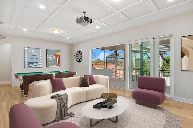 13315 Palmers Creek Ter, Lakewood Ranch, FL 34202 - living room with coffered ceiling, hardwood / wood-style floors, and pool table