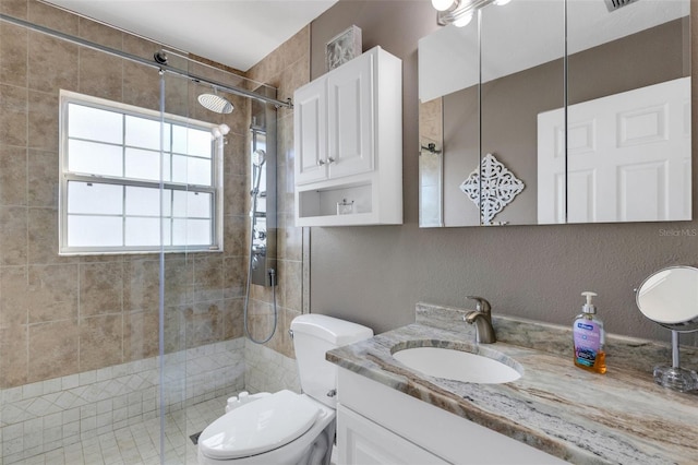 bathroom with vanity, a shower with shower door, and toilet