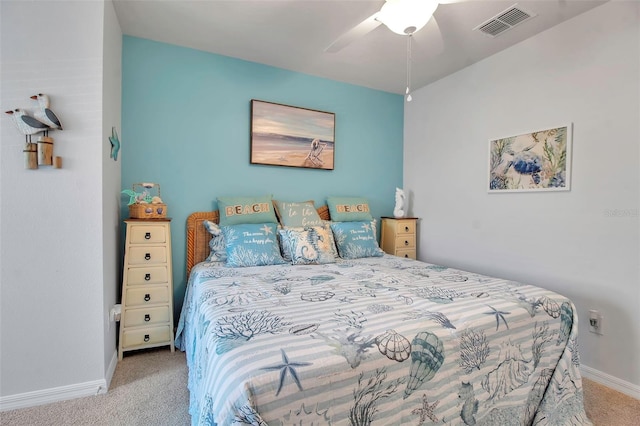 bedroom with light carpet and ceiling fan