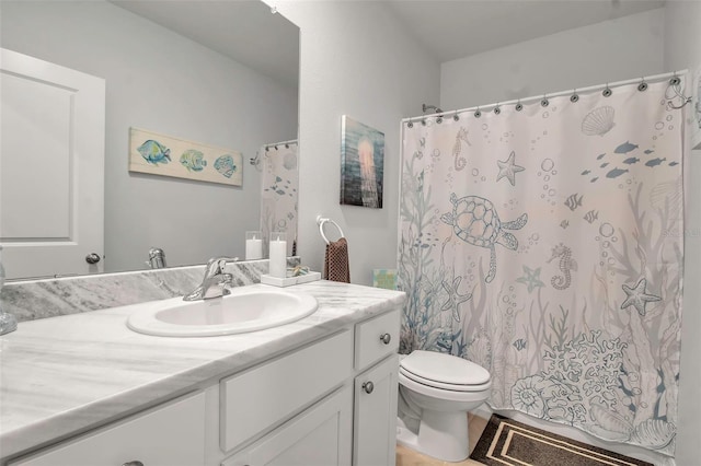 bathroom featuring vanity, a shower with shower curtain, and toilet