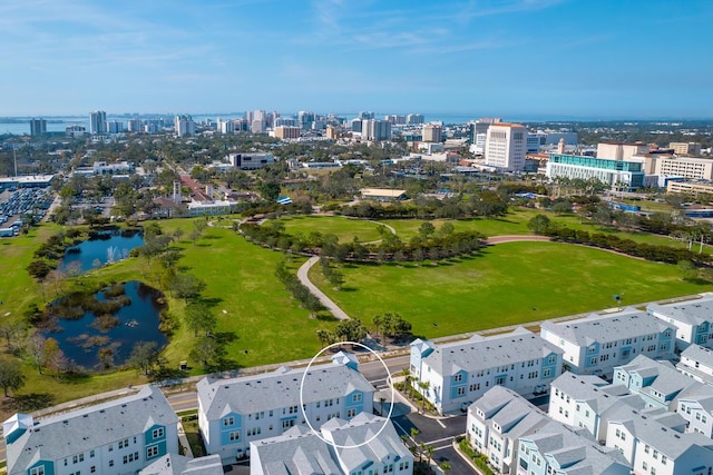 drone / aerial view with a water view