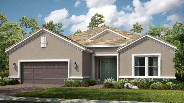 26891 Victoria Pl, Punta Gorda, FL 33955 - traditional-style house with an attached garage, stucco siding, driveway, and a front yard