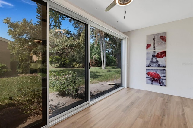 doorway with a healthy amount of sunlight, wood finished floors, and a ceiling fan