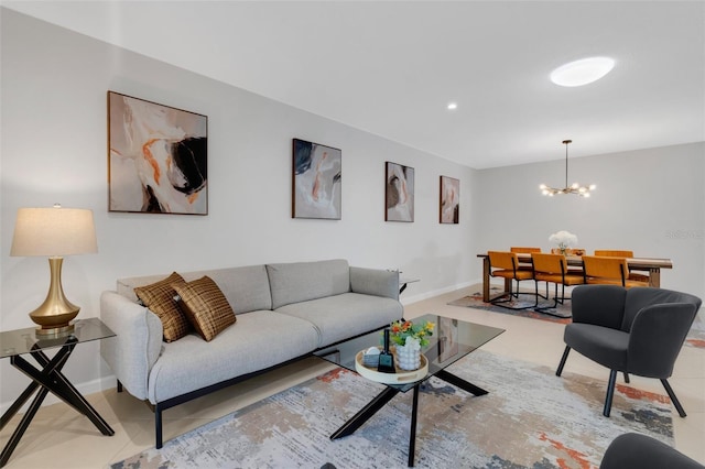 living room featuring recessed lighting, baseboards, an inviting chandelier, and light tile patterned flooring