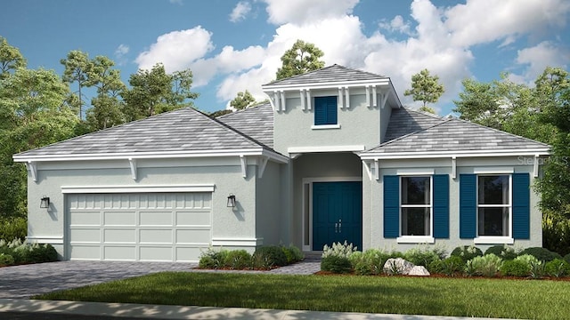 view of property with a garage and a front yard