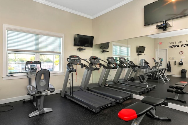 exercise room with crown molding and plenty of natural light