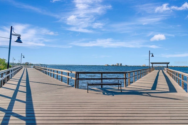 dock area featuring a pier and a water view