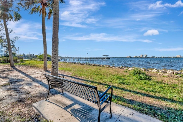 view of community with a water view