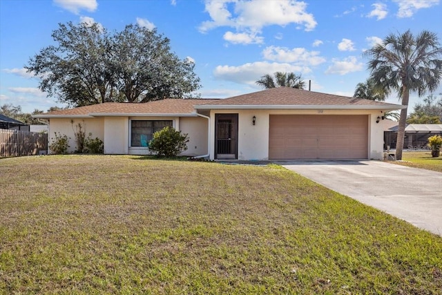 1058 Bounds St, Port Charlotte, FL 33952 - ranch-style home with a front lawn, driveway, fence, a garage, and stucco siding
