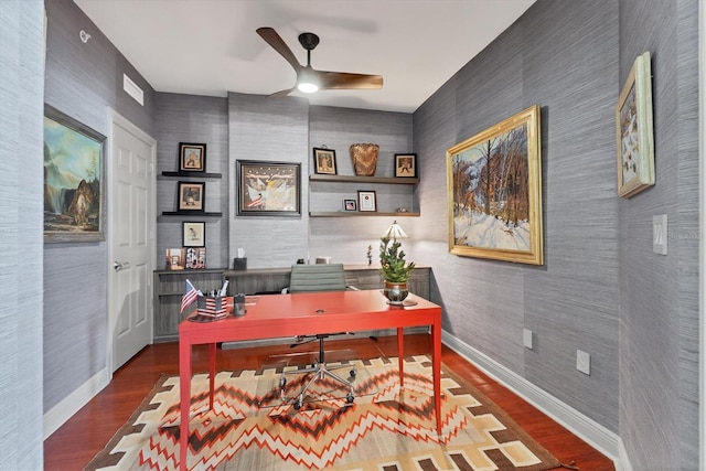 office space featuring hardwood / wood-style floors and ceiling fan