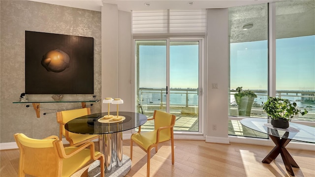 interior space featuring hardwood / wood-style floors and a water view