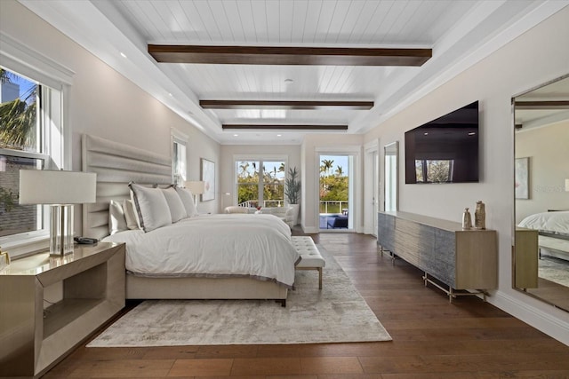 bedroom featuring access to outside, beamed ceiling, wooden ceiling, and dark hardwood / wood-style floors